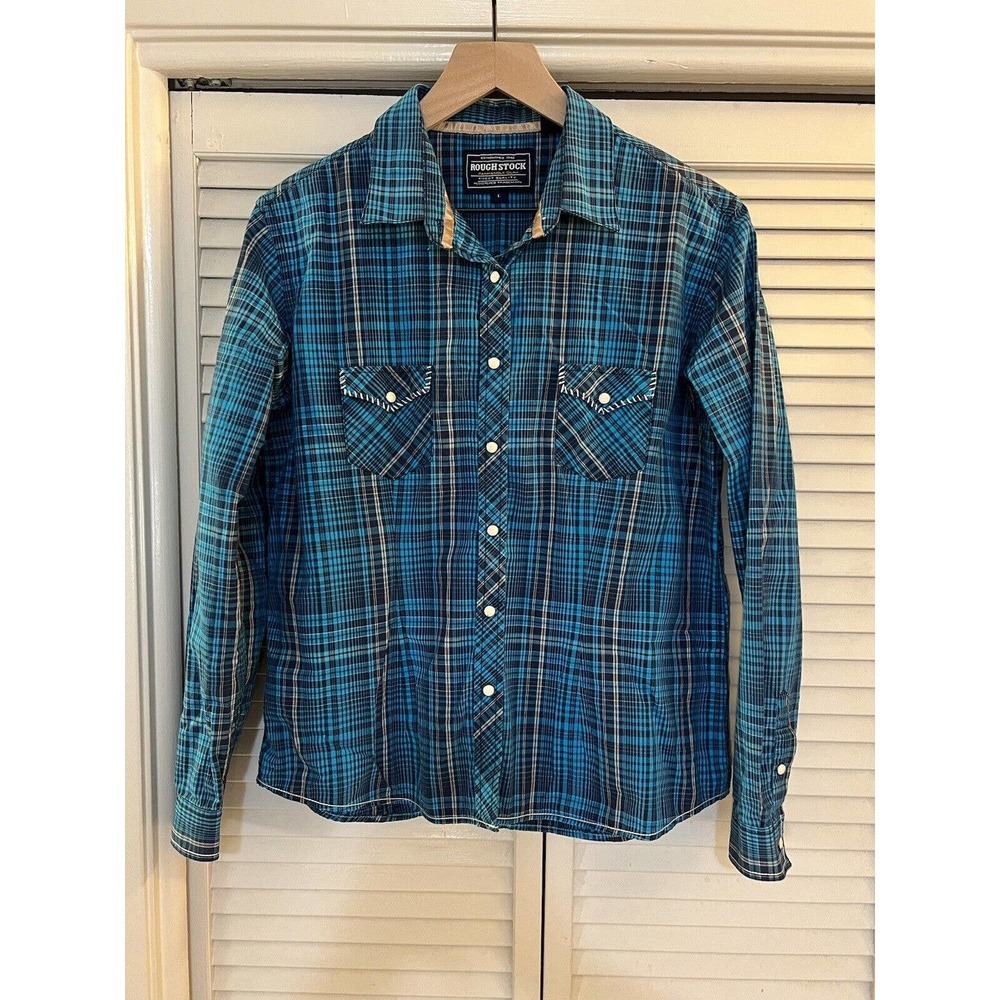 Rough Stock Panhandle Slim Snap Button Down Blue Plaid Shirt Womens Size Large